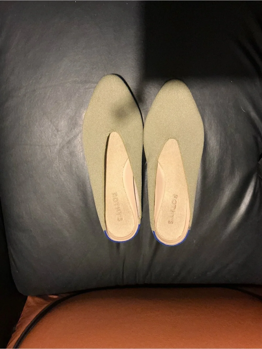 Rothy's Olive Knit Slip-On Flats with Blue Heel Trim